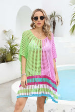 Colorful Crochet Scoop Neck Cover-Up with Half Sleeves Yellow-Green One Size Swimwear Cover-Ups