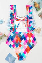 Colorful Diamond Pattern One Piece Swimsuit with Ruffled Straps Swimwear