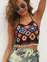 Colorful Floral Crochet Halter Top with Beaded Trim Black One Size Swimwear
