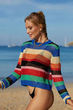 Colorful Long Sleeve Striped Open-Knit Crochet Sweater Cover-Up Swimwear Cover-Ups