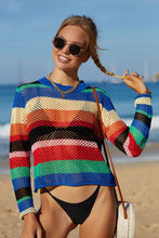 Colorful Long Sleeve Striped Open-Knit Crochet Sweater Cover-Up Swimwear Cover-Ups