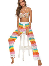 Colorful Striped Crochet Pants with Waist Stretch and Cutout Design Swim Bottoms