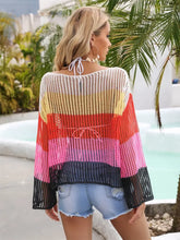 Colorful Striped Knit Top with Moderate Sleeve Length Swimwear Cover-Ups
