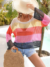 Colorful Striped Knit Top with Moderate Sleeve Length Swimwear Cover-Ups