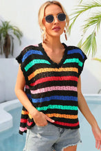 Colorful Striped Open Knit Top with Cap Sleeves Swimwear Cover-Ups
