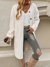 Women's Cream Fuzzy Button-Down Knee-Length Coat Woman Outerwear
