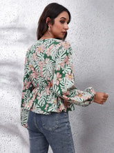 Floral V-Neck Balloon Sleeve Peplum Blouse Woman Blouses