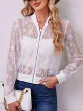 Lace Baseball Collar Zip Up Jacket White Woman Outerwear
