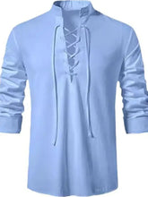 Men's Lace Up Long Sleeve Blouse Light Blue Mens Tops