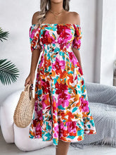 Ruffled Hem Smocked Floral Short Sleeve Midi Dress Woman Casual Dress