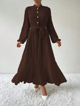 Half Button Tie Waist Long Sleeve Maxi Dress Chocolate Maxi Dresses