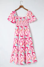 Geometric Print Puff Sleeve Square Neck Midi Dress Casual Dresses