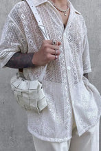 Men's Full Size Lace Half Sleeve Button Down Shirt Plus Size White Mens Tops