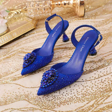 Rhinestone Point Toe Flare Heel Slingback Pumps Blue woman pumps