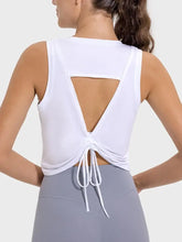 Millennia Drawstring Cutout Round Neck Active Tank White Woman Activewear
