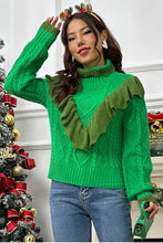 Cable-Knit Ruffled Mock Neck Lantern Sleeve Sweater Sweater Pullovers
