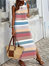 Slit Striped Round Neck Sleeveless Dress Woman Maxi Dress