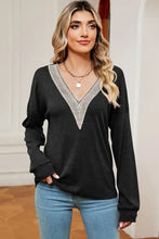 Black long-sleeve V-neck dropped shoulder T-shirt with white trim