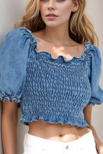 Puff Sleeve Smocked Cropped Denim Top Woman Denim Tops