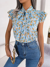 Floral Tie Neck Flutter Sleeve Blouse Light Blue Woman Blouses