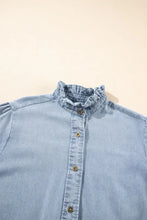 Ruffle Short Puff Sleeve Button Down Denim Shirt Woman Denim Tops