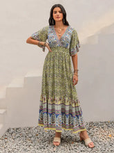 Ruched Printed Flounce Sleeve Maxi Dress Maxi Dresses