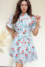 Stripe Floral Pattern Ruffle Short Sleeve Belted Mini Dress Woman Casual Dress
