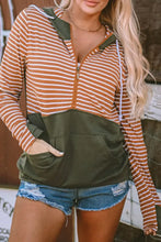 Drawstring Stripe Half Zip Long Sleeve Hoodie Stripe Woman Sweatshirts