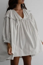 Frill Plaid Notched Balloon Sleeve Mini Dress White Woman Casual Dress
