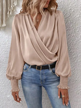 Surplice Smocked Lantern Sleeve Blouse Tan Woman Blouses