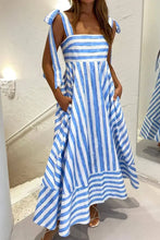 Striped Square Neck Wide Strap Dress Blue Woman Maxi Dress