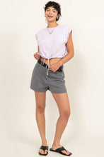Hyfve drawstring hem crop top in light purple relaxed fit with black flip-flops