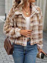 Plaid Button Up Collared Neck Long Sleeve Jacket Camel Woman Outerwear