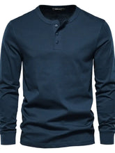 Men's Full Size Quarter Button Round Neck Long Sleeve T-Shirt Plus Size Navy Mens Tops