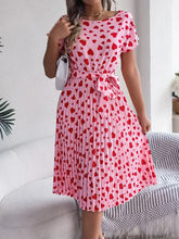 Heart Print Short Sleeve Tie Waist Dress Woman Casual Dress