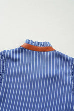 Stripe Frilly Split Neck Shirred Ruffle Sleeve Short Shift Dress Casual Dresses