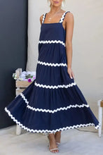 Contrast Trim Square Neck Dress Dark Blue Woman Maxi Dress