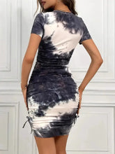 Drawstring Tie-Dye Round Neck Short Sleeve Dress Casual Dresses