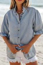 Ruffle Short Puff Sleeve Button Down Denim Shirt Woman Denim Tops