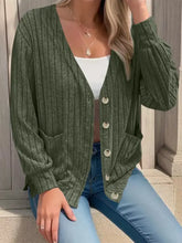 Full Size Button Up V-Neck Long Sleeve Cardigan Moss Woman Outerwear