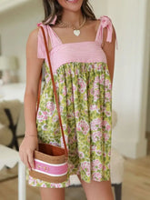 Printed Square Neck Tie Shoulder Mini Dress Pink Woman Casual Dress