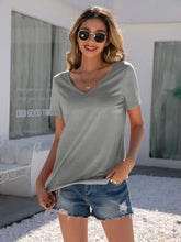 Ivy Lane Lace Detail V-Neck Short Sleeve T-Shirt Gray Woman T Shirts