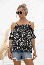 Printed Cold-Shoulder Frill Trim Blouse Black Woman Blouses