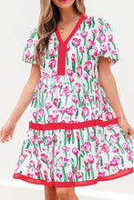 Floral Print Contrast Trim V Neck Bubble Short Sleeve Babydoll Dress Casual Dresses