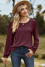 Eyelet Round Neck Flounce Sleeve T-Shirt Burgundy Woman T Shirts