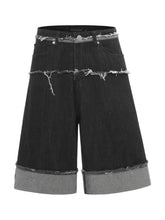 Men's Raw Hem Denim Bermuda Shorts with Contrast Cuffs Black Denim Shorts