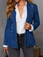 Collared Neck Long Sleeve Denim Jacket Dark Woman Outerwear