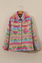 Plus Size Pocketed Printed Collared Neck Jacket Woman Outerwear