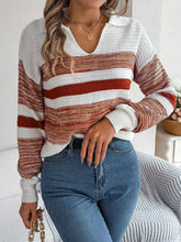 Striped Collared Neck Long Sleeve Sweater Terracotta Sweater Pullovers