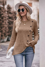 Mandy Ribbed Round Neck Buttoned Long Sleeve Tee Woman T Shirts